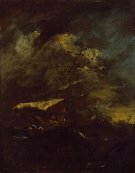To skibe i en storm (olie på panel, monteret som tegning)